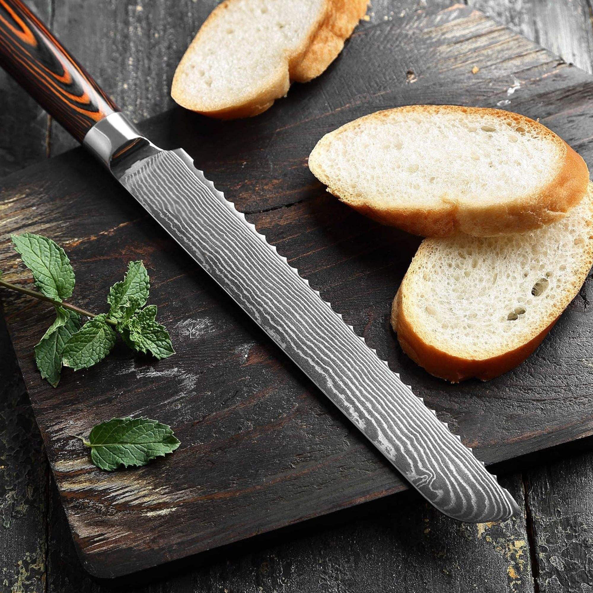 JJ 67 Layers Damascus Bread Knife Pakka Wood Handle 8"