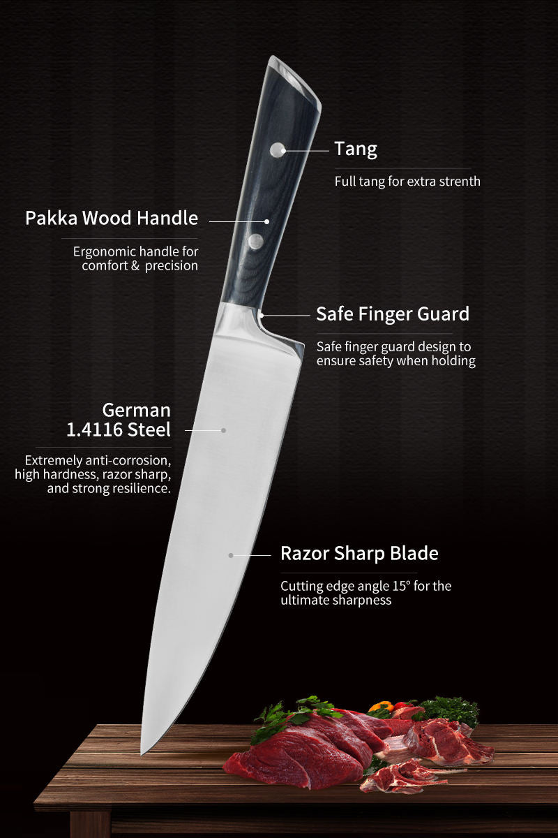 JJ Best Choice for Home Kitchen 8 Inch German High Carbon Stainless Steel 5CR15MOV Pakka Wood Handle Chef Knife