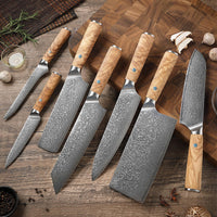 JJ 7 PCs Set 67 Layers Damascus 10Cr15Mov Core Steel Kitchen Knife Set with Olive Wood Handle Custom Stainless Steel Knife Set
