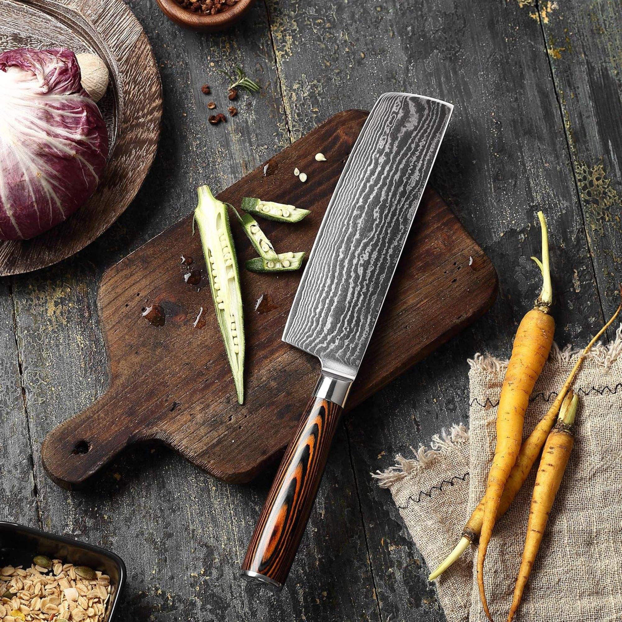 JJ 67 Layers Damascus Nakiri Cleaver Knife Pakka Wood Handle 7"