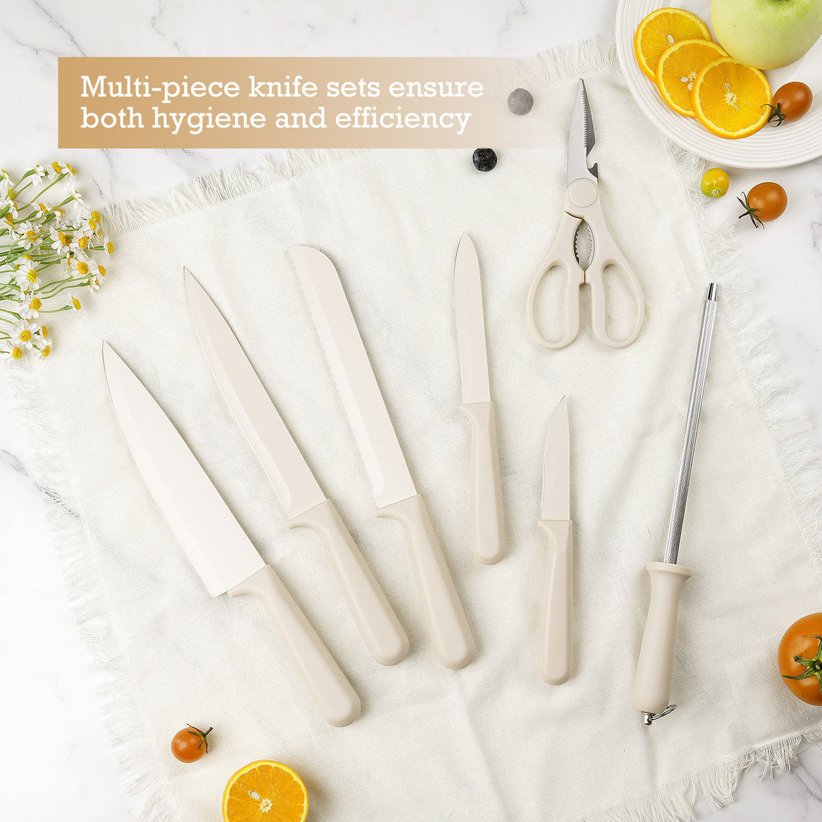 JJ White 8-teiliges Kochmesser-Set, 3cr13 Edelstahl mit PP-Griff, inklusive Wetzstahl und Messerblock aus Holz