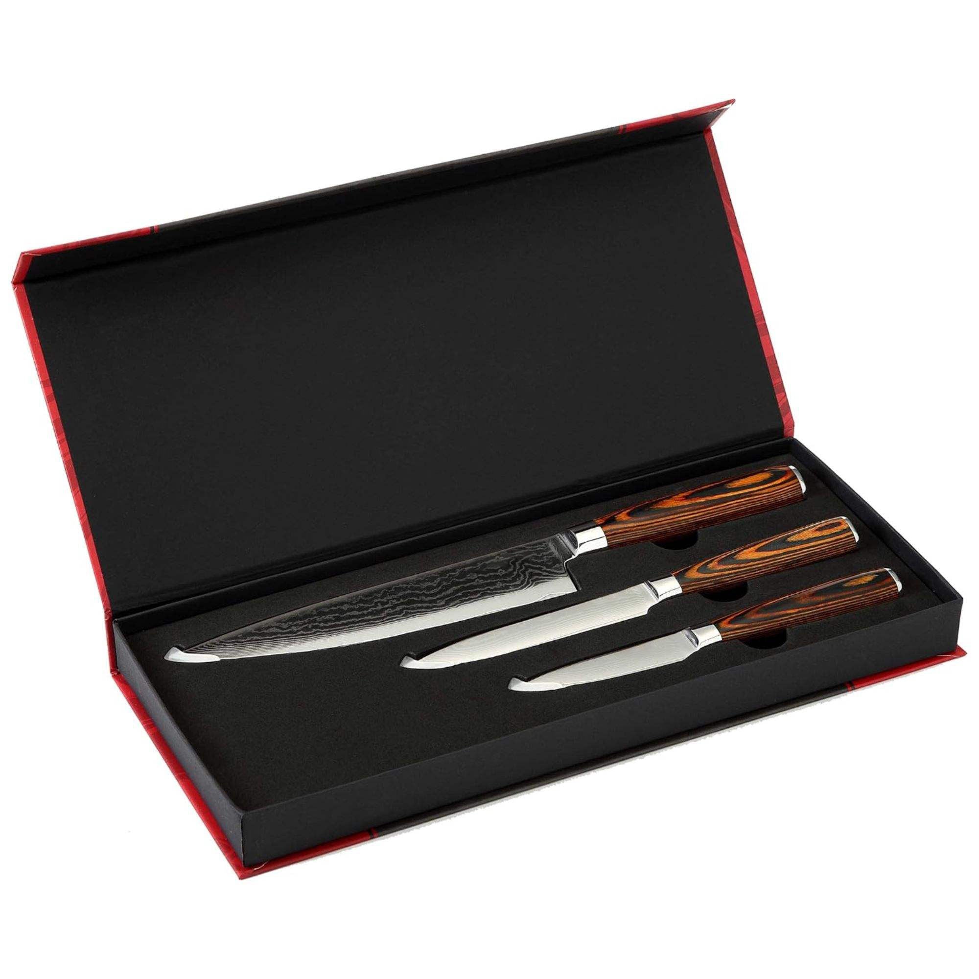 JJ Damascus Kitchen Knife Set 67 Layers VG-10 Pakka Wood 3 Piece