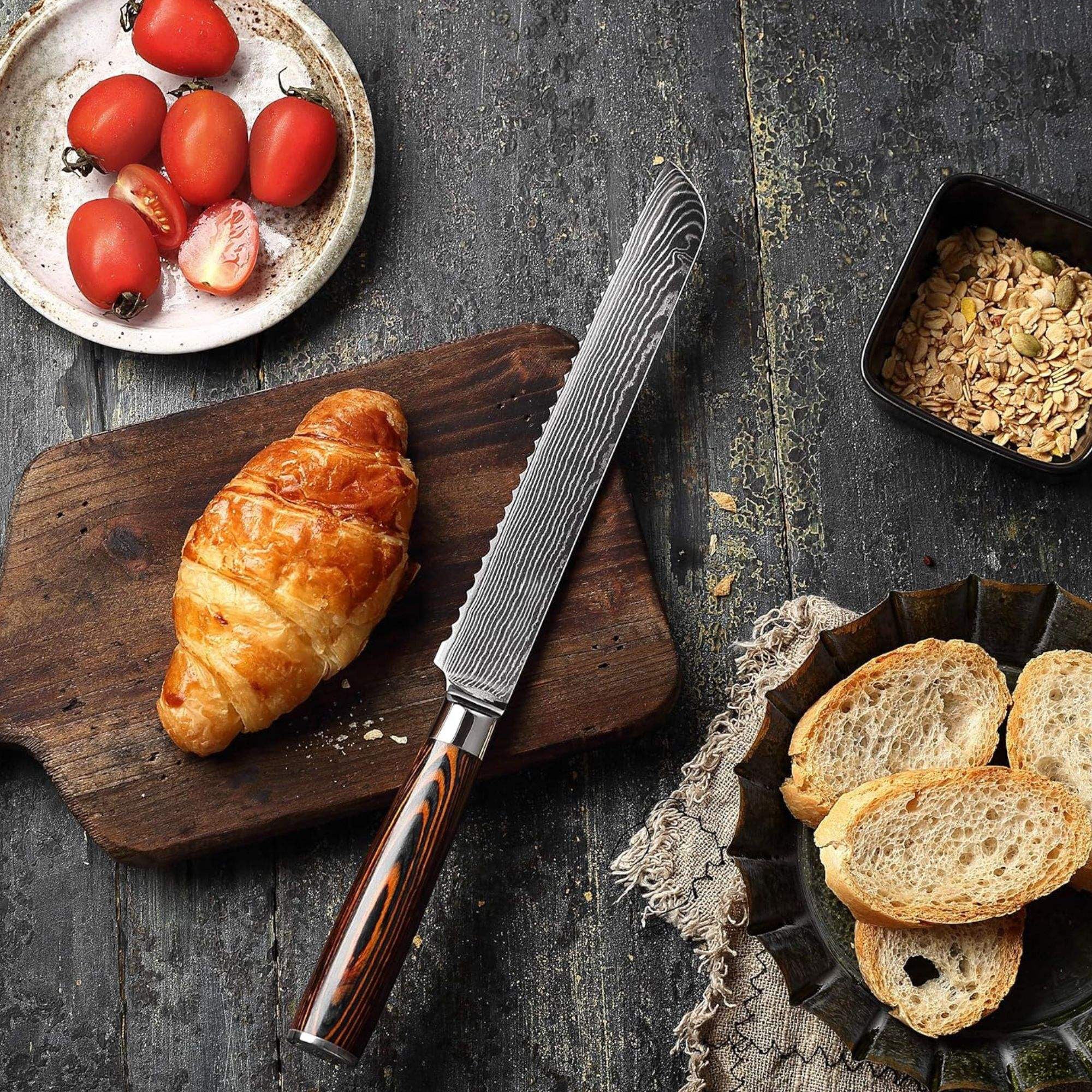 JJ 67 Layers Damascus Bread Knife Pakka Wood Handle 8"