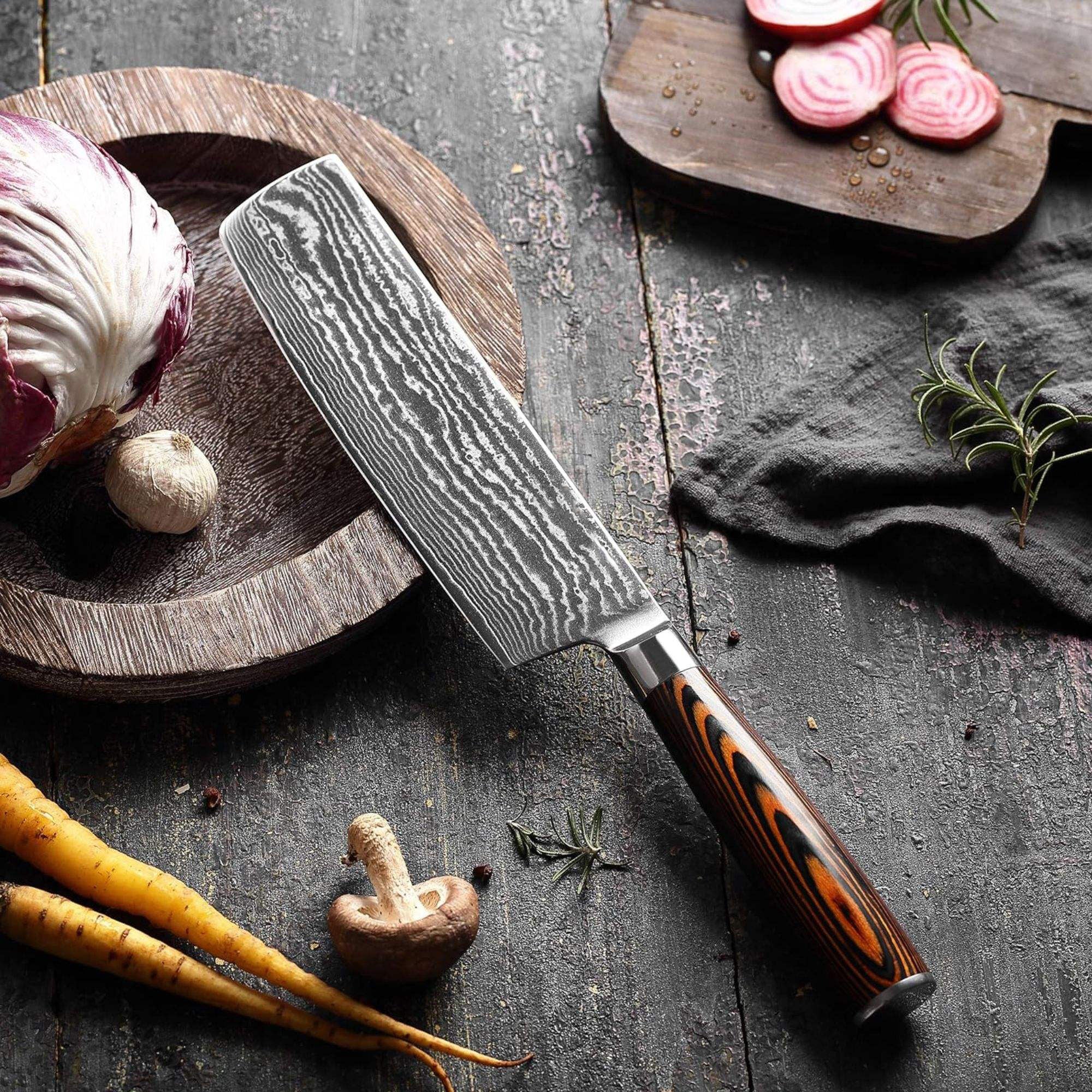 JJ 67 Layers Damascus Nakiri Cleaver Knife Pakka Wood Handle 7"