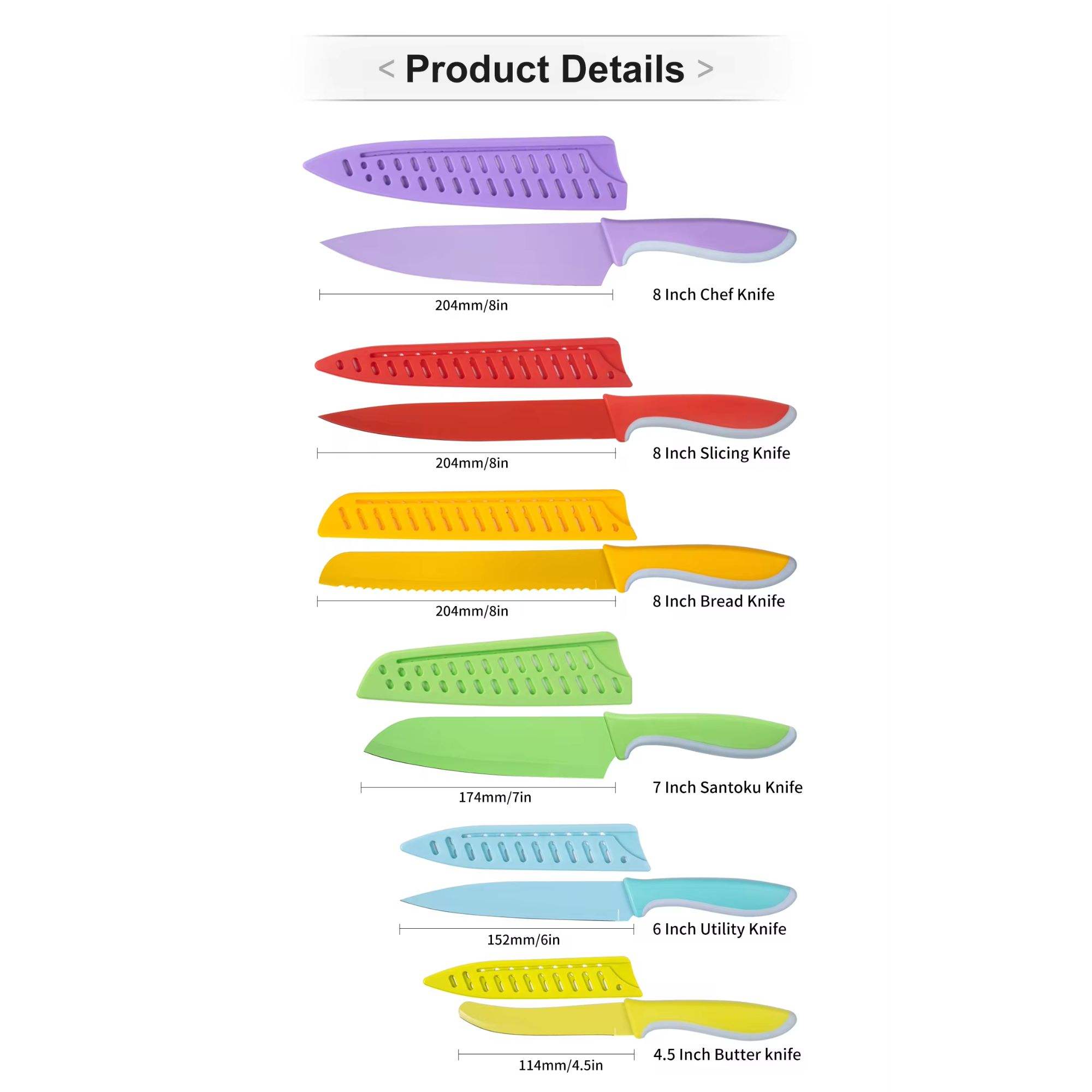 JJ 6 PCS Stainless Steel Chef Colorful Non Stick Kitchen Knife Set With Knife Sheath