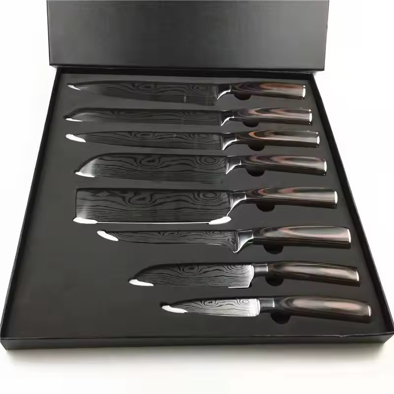 JJ Japanese Style 8pcs Damascus Steel Chef Knife Set Kiritsuke & Fishing Knives with Stainless Steel Handles Pakka Wood Handle