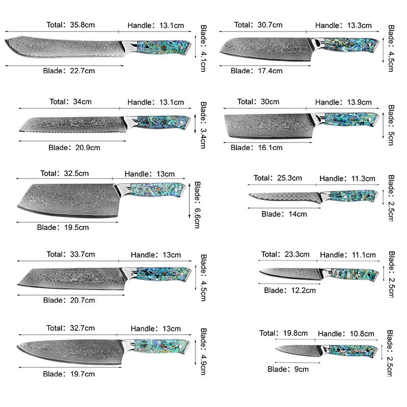 JJ Damascus Kitchen Knife Set 67 Layers Resin Abalone Handle 10 Piece