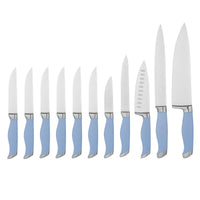 JJ 11 Pieces Wood Block 3cr13 Stainless Steel Chef Knife Kitchen Knife Set with Blue ABS Handle