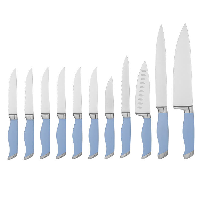 JJ 11 Pieces Wood Block 3cr13 Stainless Steel Chef Knife Kitchen Knife Set with Blue ABS Handle