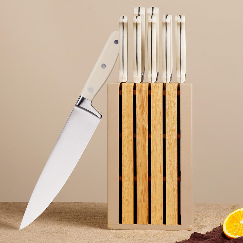 JJ 11-Piece Kitchen Knife Set with Block Stainless Steel Blades and Cream Colored Ergonomic Handles | OEM/ODM Available