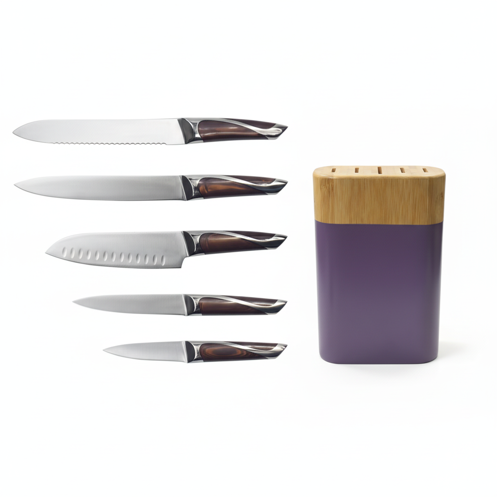 5把刀具配紫色木质刀座-左右合并