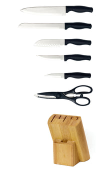 JJ 7PCS STAINLESS STEEL KITCHEN KNIFE WITH COLORED PAINTING HANDLE KITCHEN KNIFE SET WITH WOODEN BLOCK