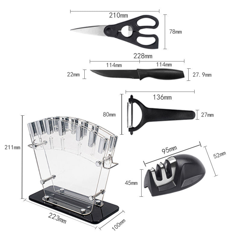 JJ New Design Kitchen Chef Knife Set Cut Cleaver Paring Knives Scissors Stainless Steel 17 Piece Knife Set with Holder