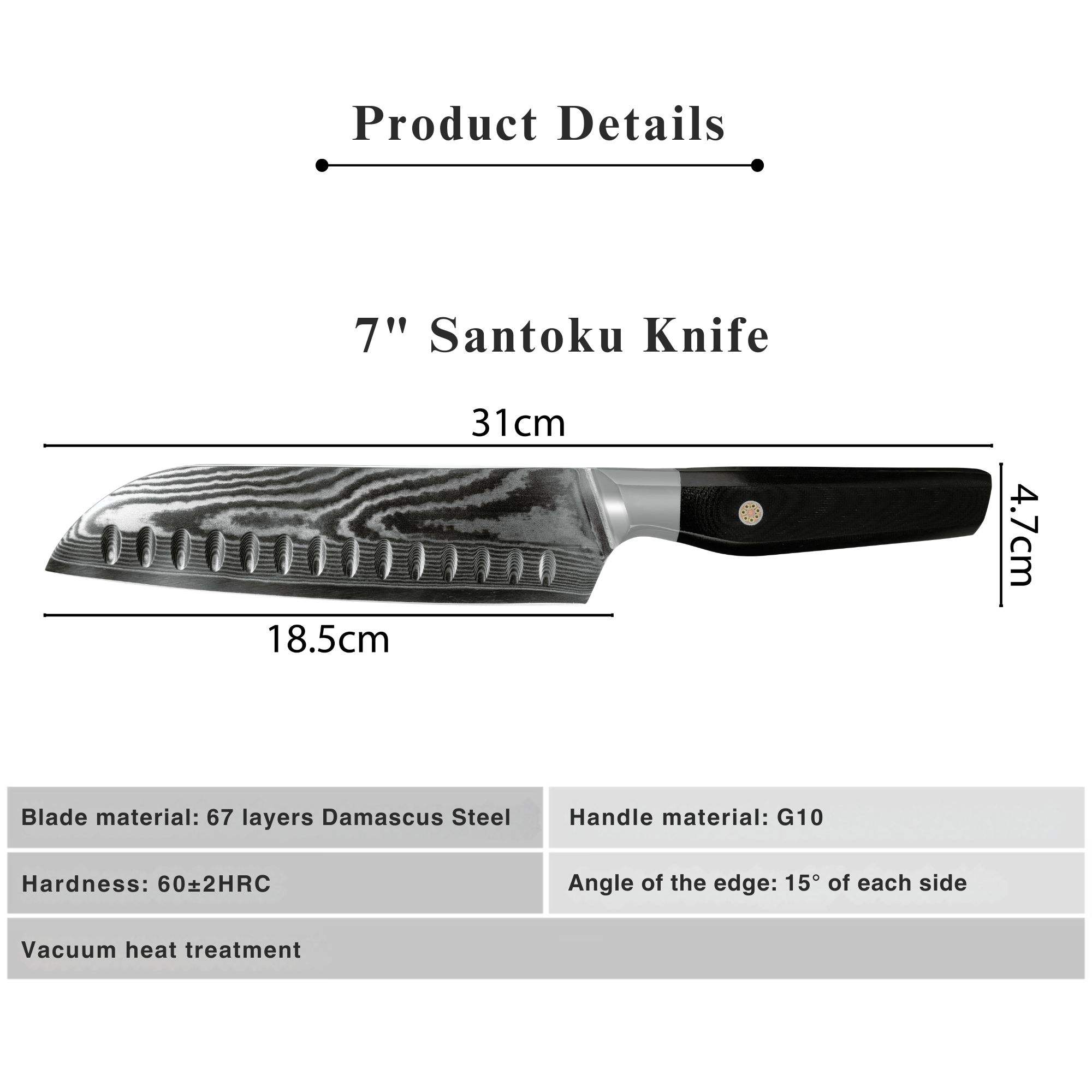 JJ 7" Santoku Knife Japanese 67 Layers Damascus Steel with Octagonal G10 Handle Custom Kitchen Knife