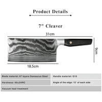 JJ 7" Cleaver Japanese 67 Layers Damascus Steel with Octagonal G10 Handle Custom Kitchen Knife