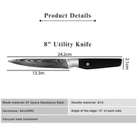 JJ 5" Utility Knife Japanese 67 Layers Damascus Steel with Octagonal G10 Handle Custom Kitchen Knife