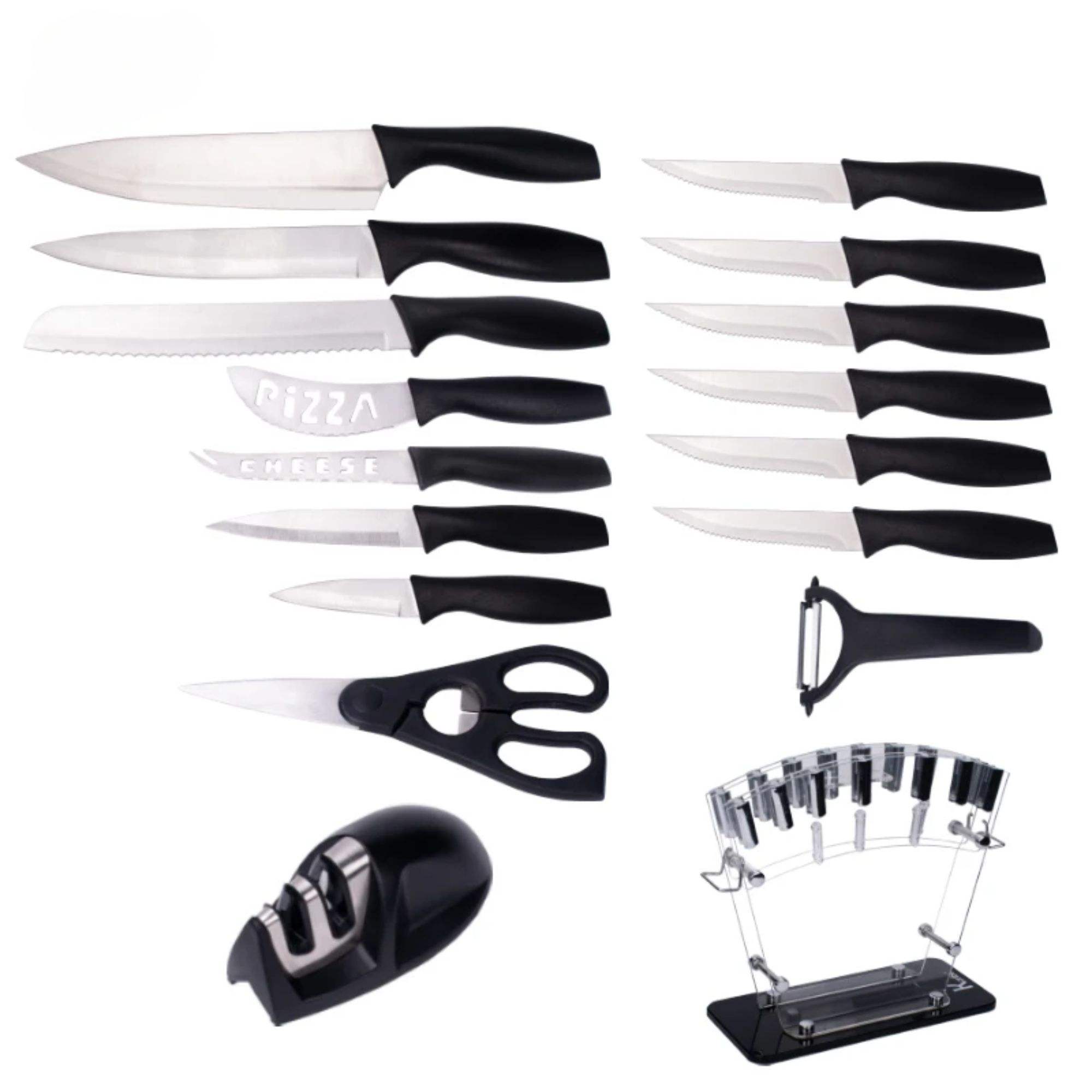 JJ 17 PC Non-Stick White Color Coated 3Cr13 Stainless Steel Kitchen Knife Set with PP Handle and Acrylic Block Custom Knife Set