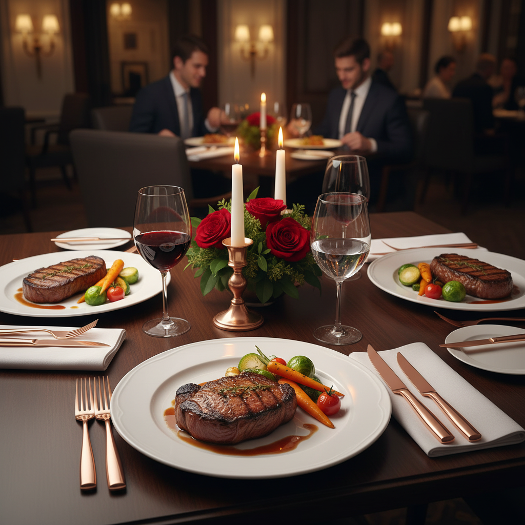 玫瑰金牛排刀餐桌场景
