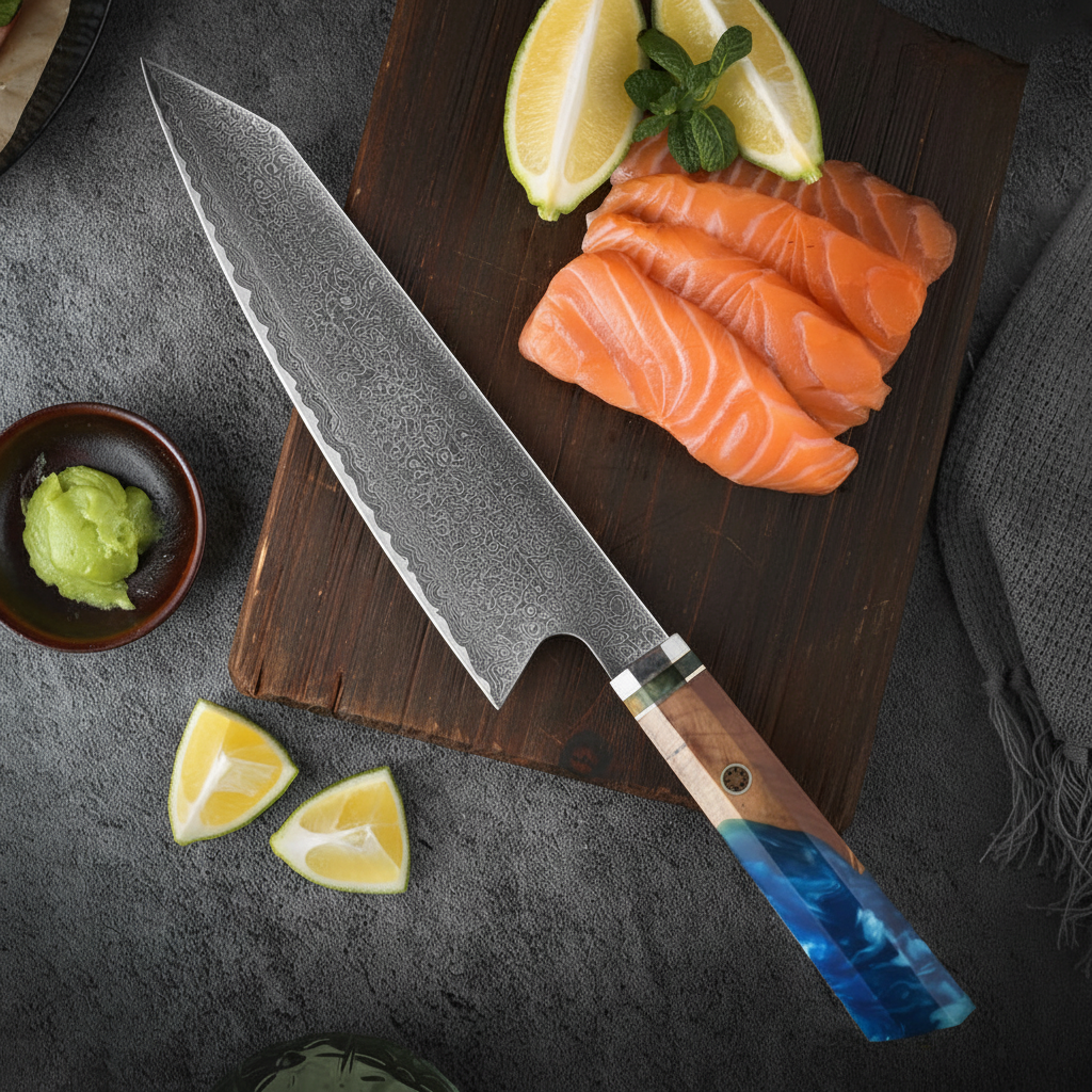 大马士革钢柳刃刀三文鱼-超高清