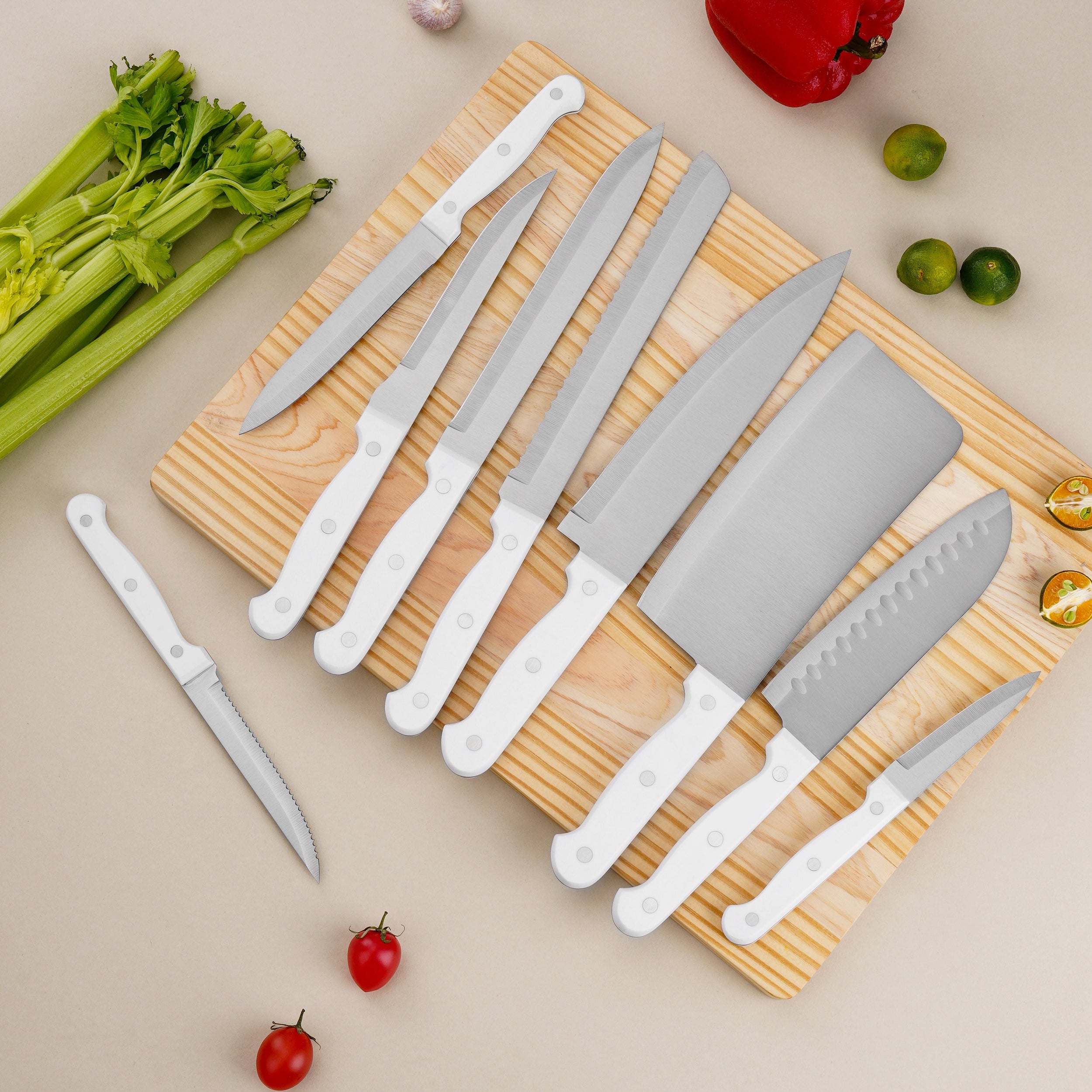 JJ 17 Pieces Kitchen Knife Set 3Cr13 Stainless Steel with White ABS Handle Chef Knife Steak Bread Carving Knife