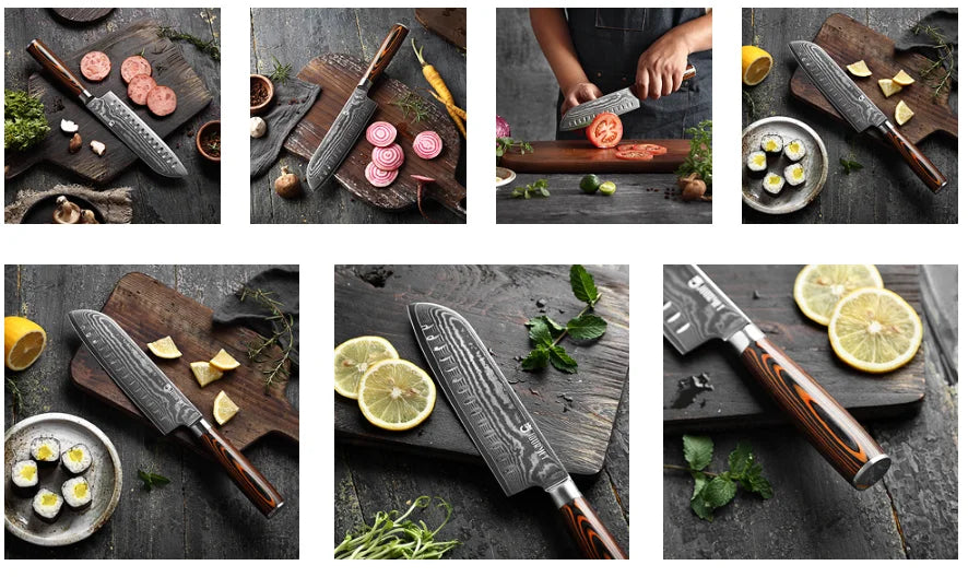 JJ 67 Layers Damascus Santoku Knife Pakka Wood Handle 7"