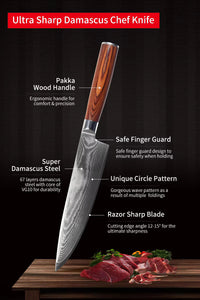 JJ VG-10 Damascus Chef Knife Pakka Wood Handle 8 Inch