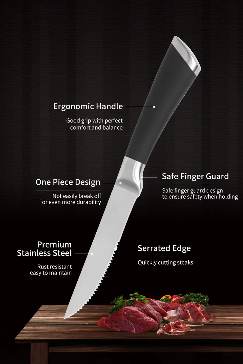 JJ 4.5" Stainless Steel Steak Knife Set - S/S Hollow Handle with TPR Spray | 4PCS