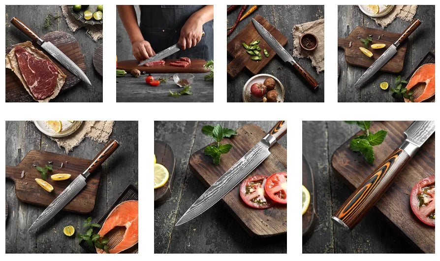 JJ 67 Layers Damascus Slicing Knife Pakka Wood Handle 8"