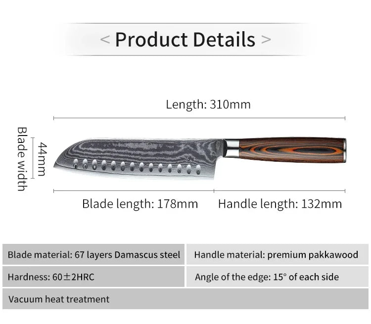 JJ 67 Layers Damascus Santoku Knife Pakka Wood Handle 7"