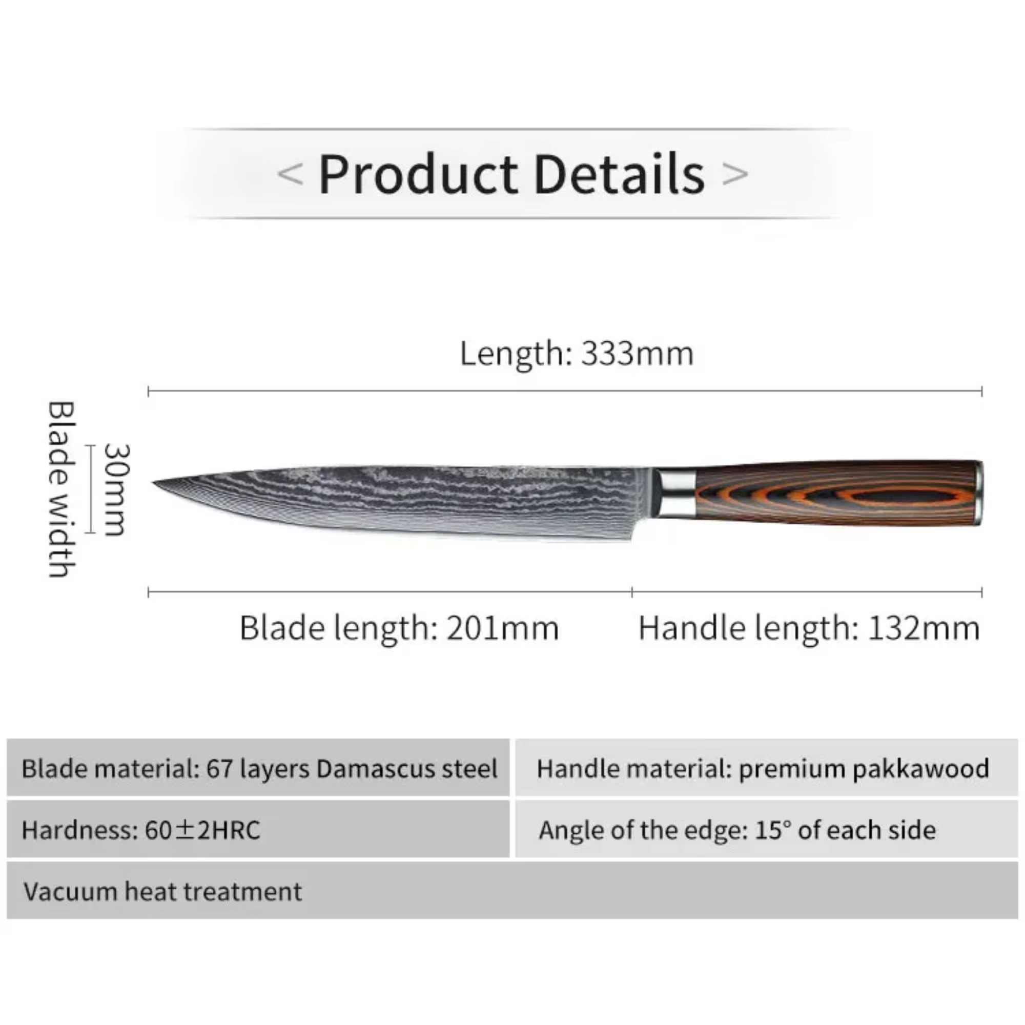 JJ 67 Layers Damascus Slicing Knife Pakka Wood Handle 8"
