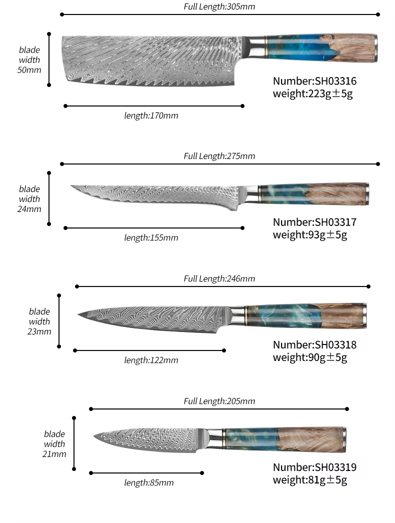 JJ VG-10 Damascus Kitchen Knife Set 67 Layers Blue Resin Handle