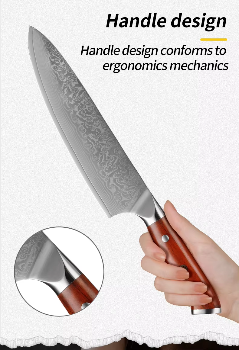 JJ Damascus Chef Knife 67 Layers Sandalwood Handle 8 Inch