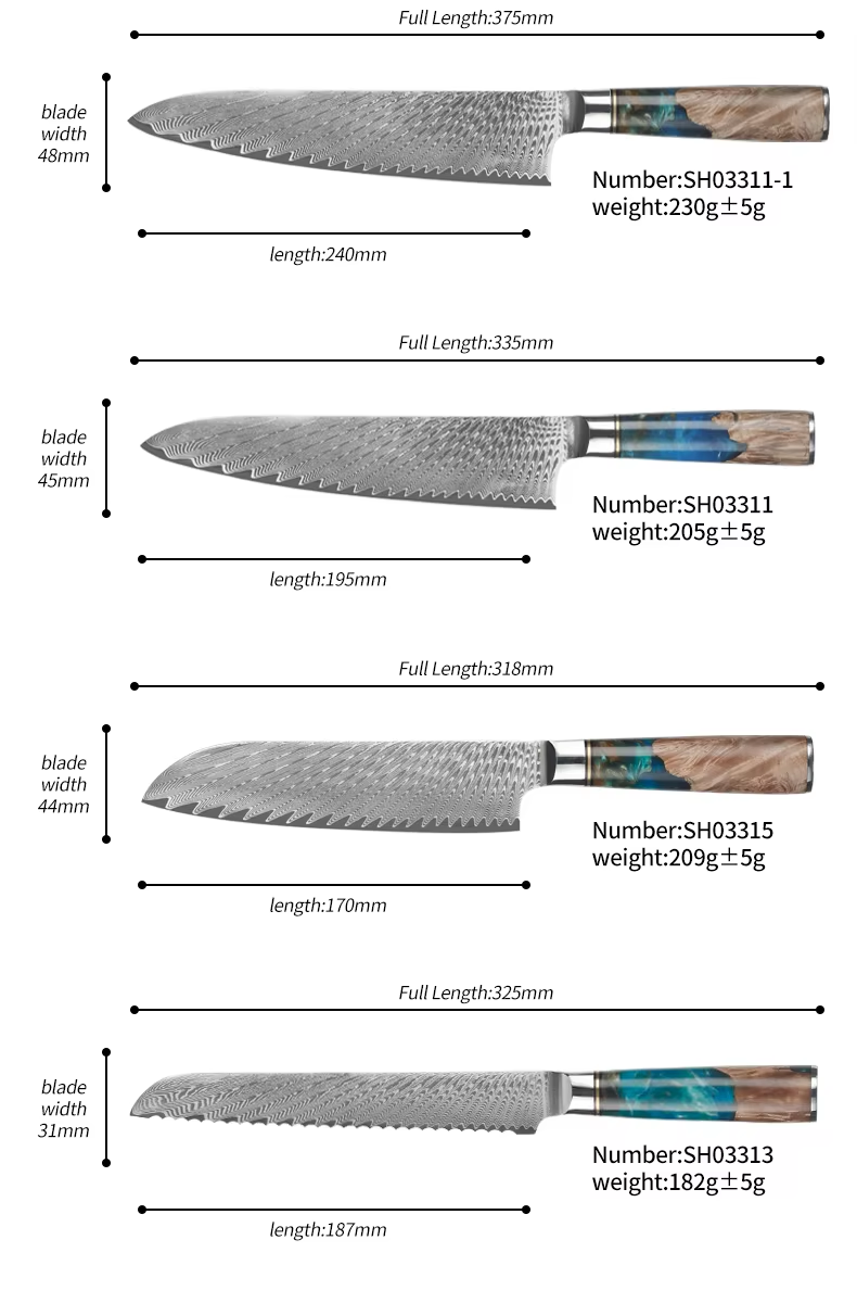 JJ VG-10 Damascus Kitchen Knife Set 67 Layers Blue Resin Handle