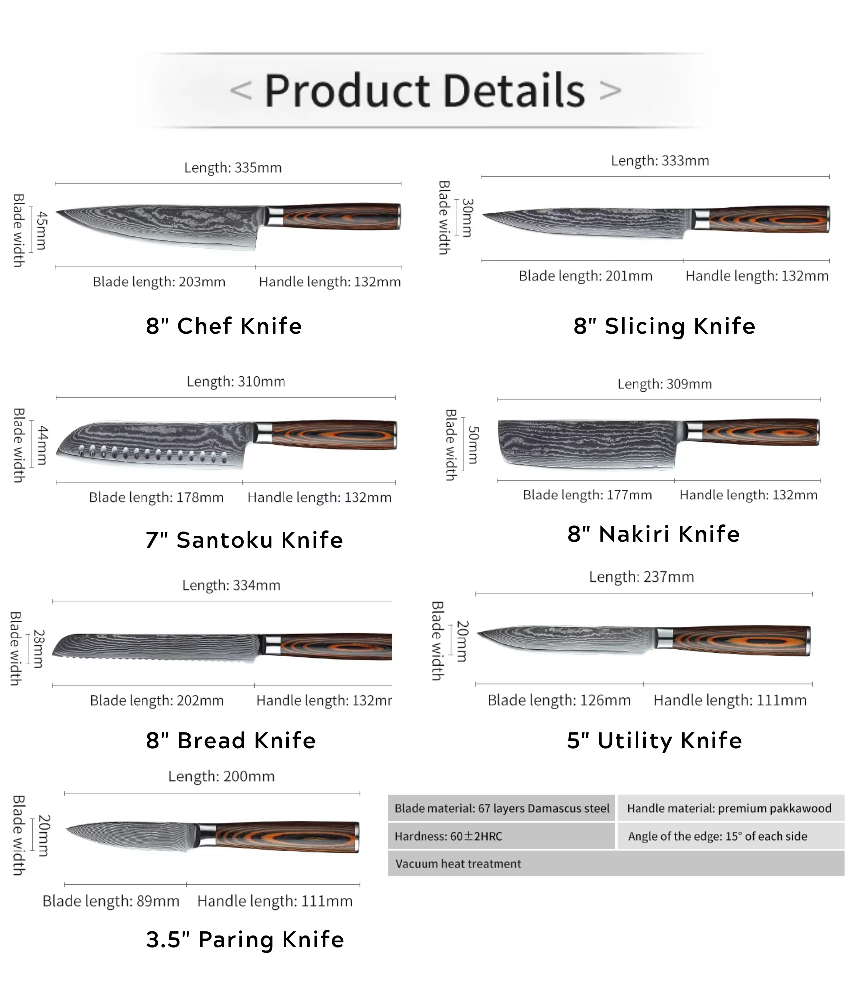 JJ Damascus Kitchen Knife Set 67 Layers VG-10 Pakka Wood 7 Piece
