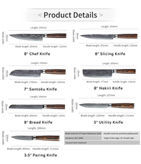 JJ Damascus Kitchen Knife Set 67 Layers VG-10 Pakka Wood 7 Piece